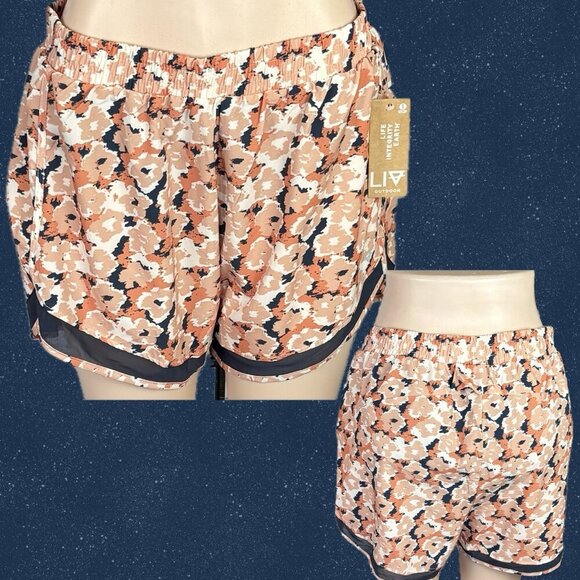 Liv Outdoor L Blush-Navy Camouflage Floral Mesh Hem Elastic Waist Lined Shorts - Picture 1 of 6